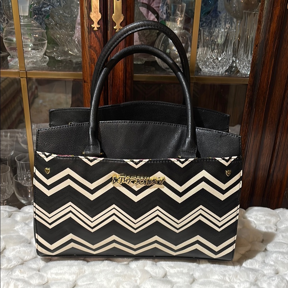 Betsy Johnson Black and White Chevron Tote Bag